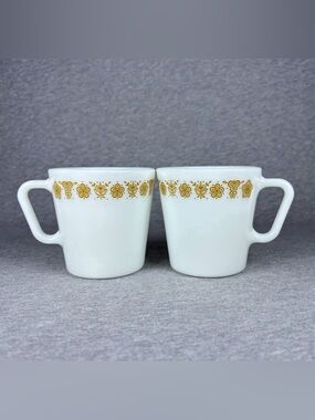 2 Vintage Pyrex Butterfly Gold D-Handle Coffee Mugs Cups Milk Glass 70s